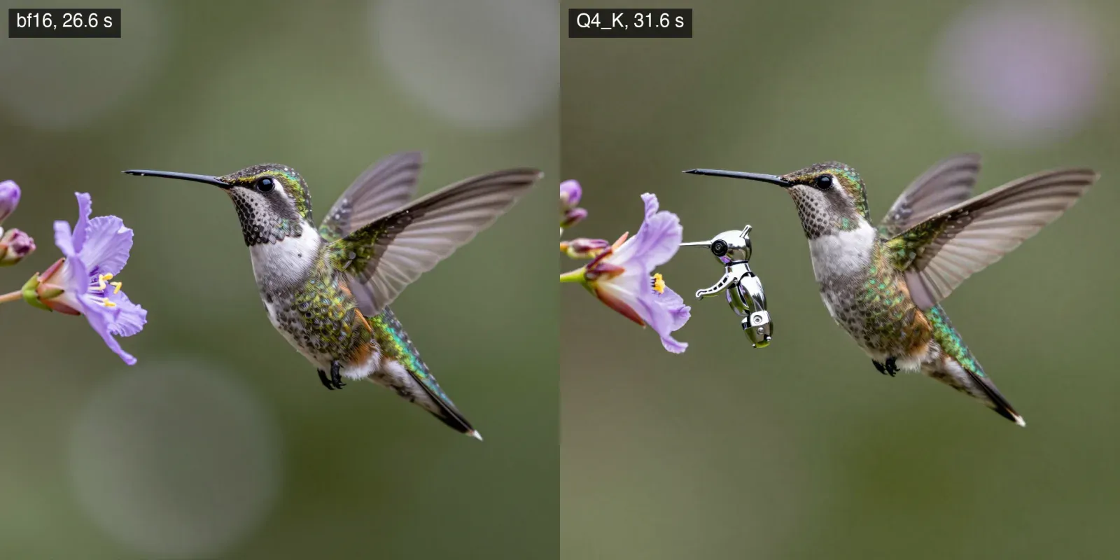Two renders of a hummingbird at a purple flower: bf16 shows only the real bird; Q4_K adds a small chrome object with a drill-bit beak