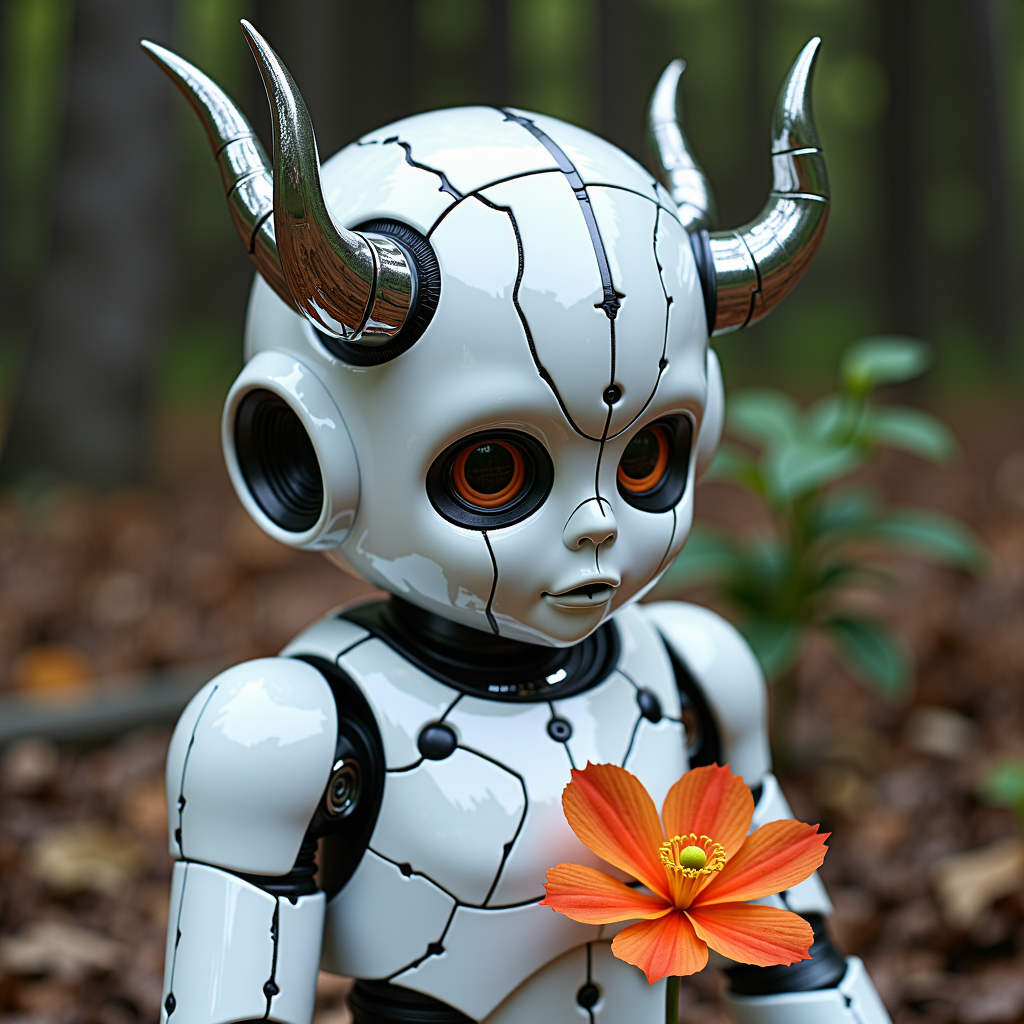 A young Baphomet figure with cracked porcelain skin, holding an orange flower in a forest. Curious, not menacing.