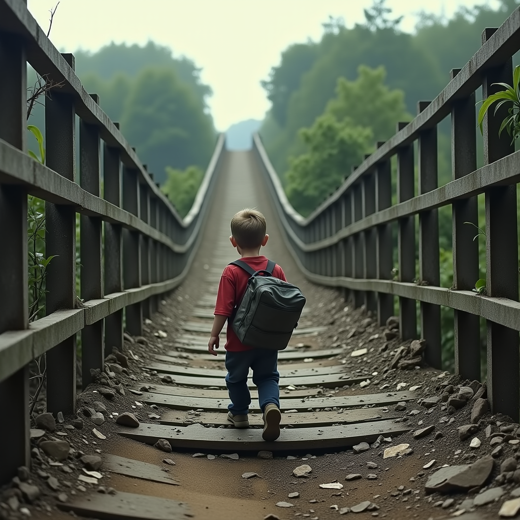 A child with a backpack stands on a partially collapsed wooden bridge, looking across the gap to the other side.