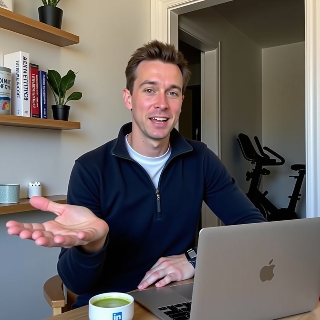 A man mid-gesture in his home office, palm raised, explaining.