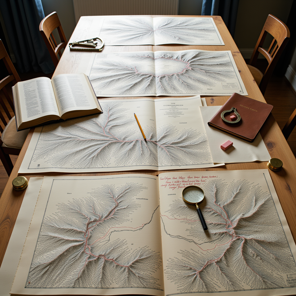 A long wooden table in a quiet north-lit room, covered with overlapping sheets of a hand-drawn atlas.
