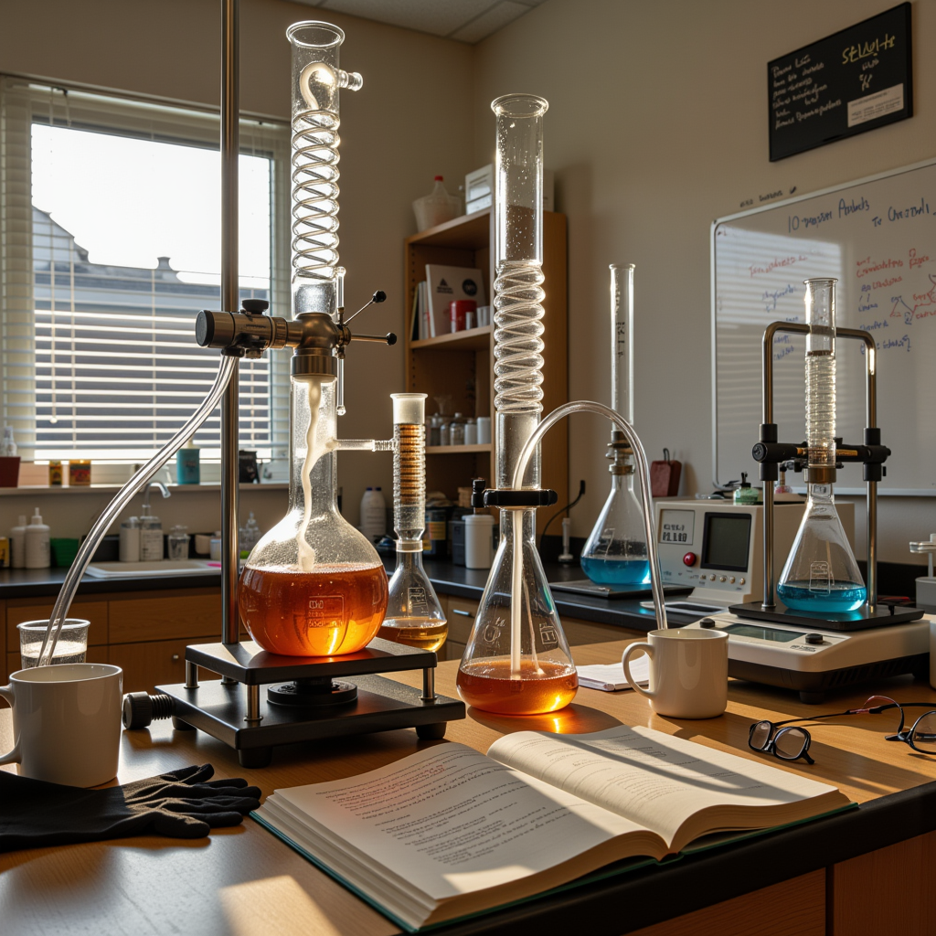 A working organic chemistry lab in the late afternoon, no people present, mid experiment.