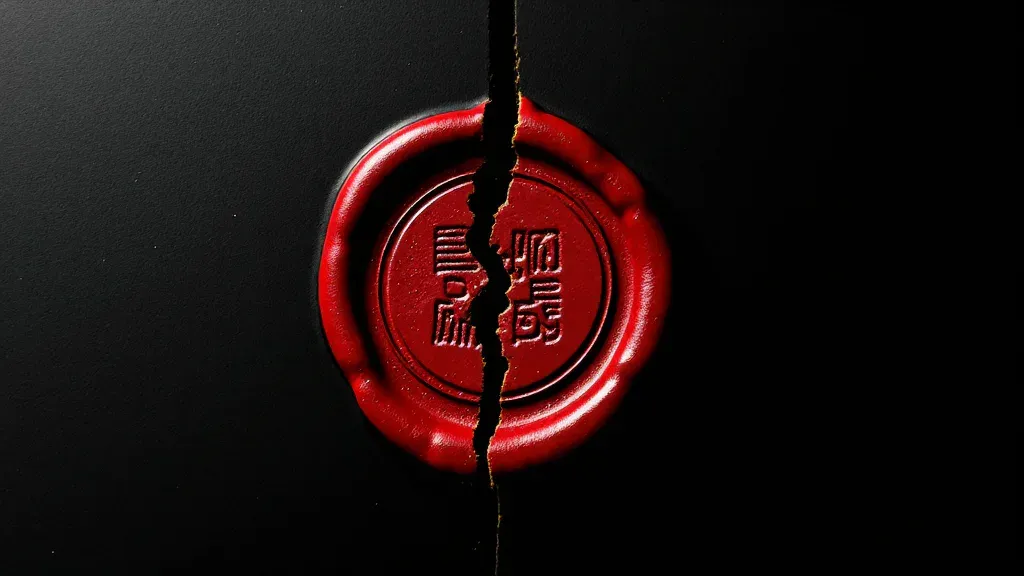 A deep oxblood-red wax seal on black, cracked precisely down the center, one half still pressed with an emblem and the other fractured and lifting away