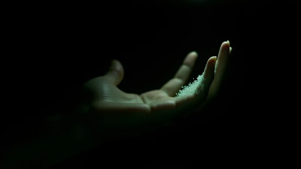 A single human hand, palm up and open on black, the fingertips dissolving into fine luminous particles that drift toward a cold screen-glow