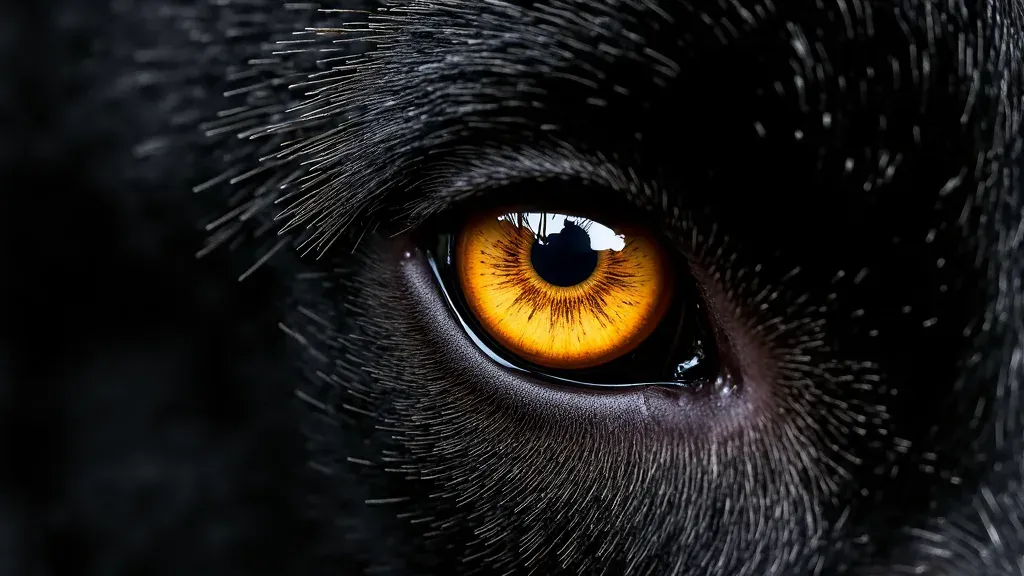 A single intense amber animal eye, a wolf or working dog, emerging from near-total black