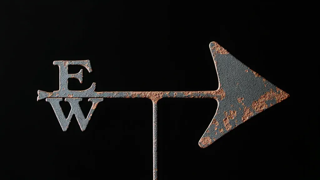 A weathered wrought-iron arrow weathervane on a black field, rust mottling the metal, the arrow pointing right
