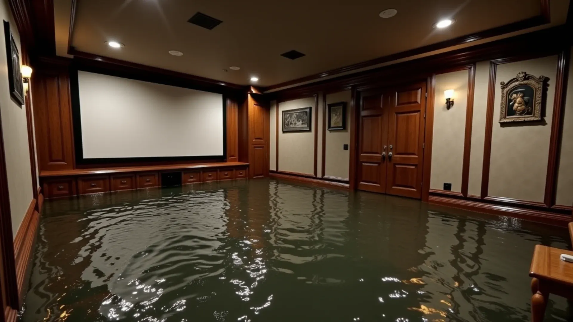 Standing water flooding a finished basement home theater after a well pump failed