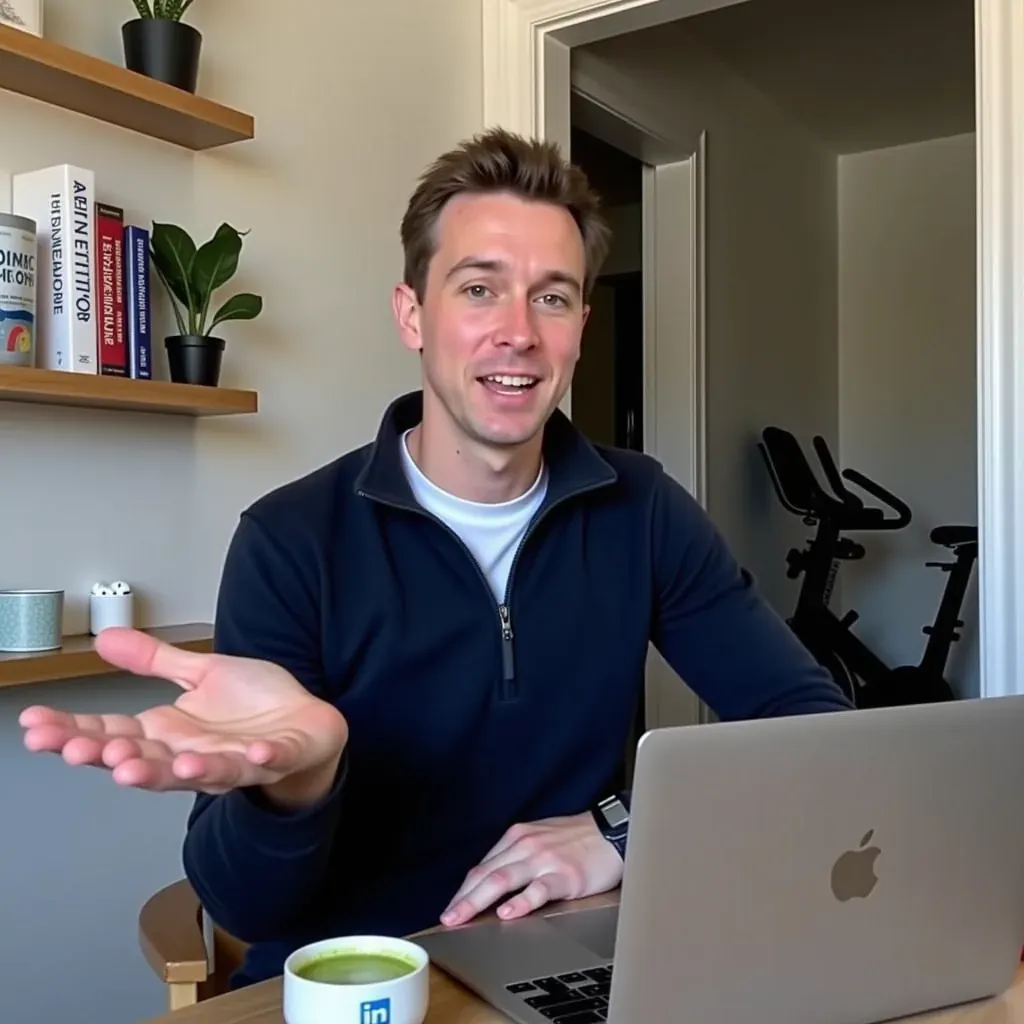 A man mid-gesture in his home office, palm raised, explaining.
