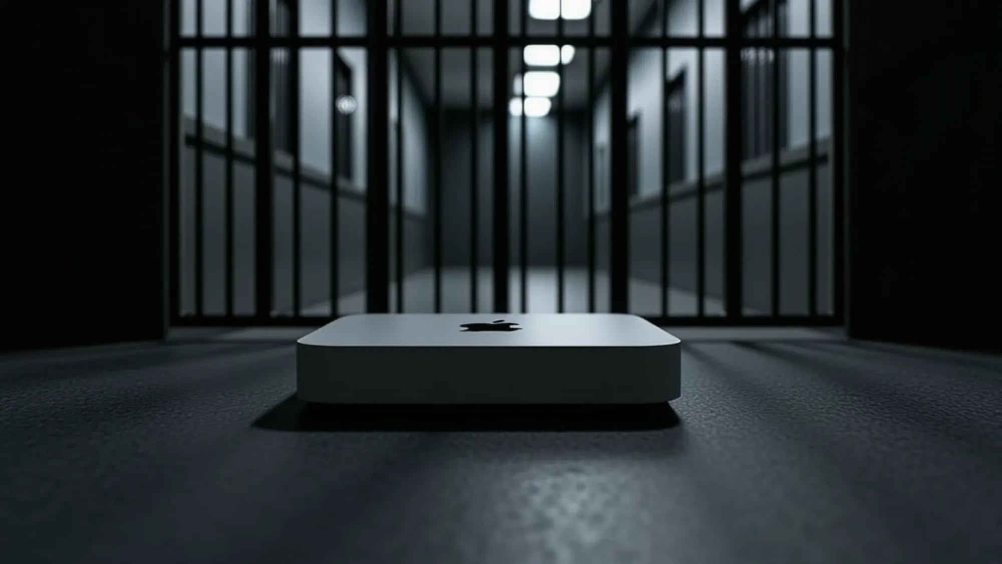A Mac mini on the floor in front of prison cell bars, illustrating a device locked by MDM