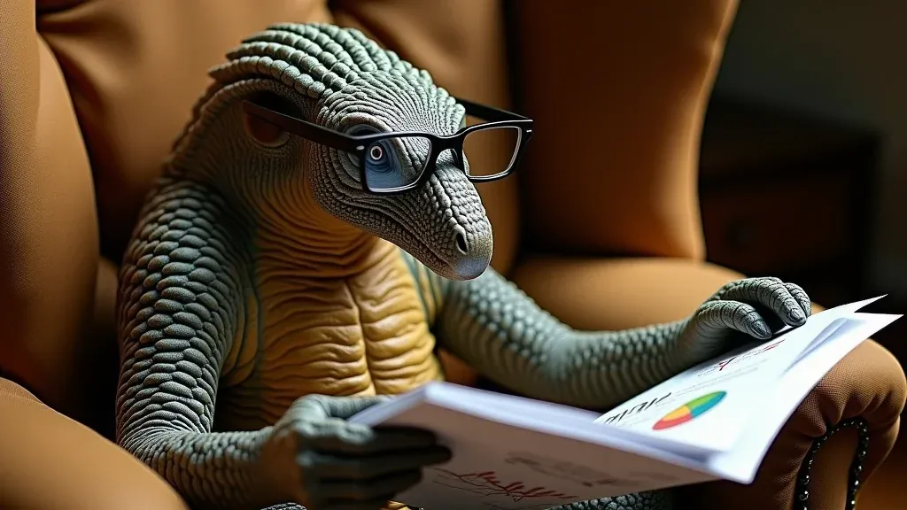A pangolin wearing glasses, reading charts from an armchair.