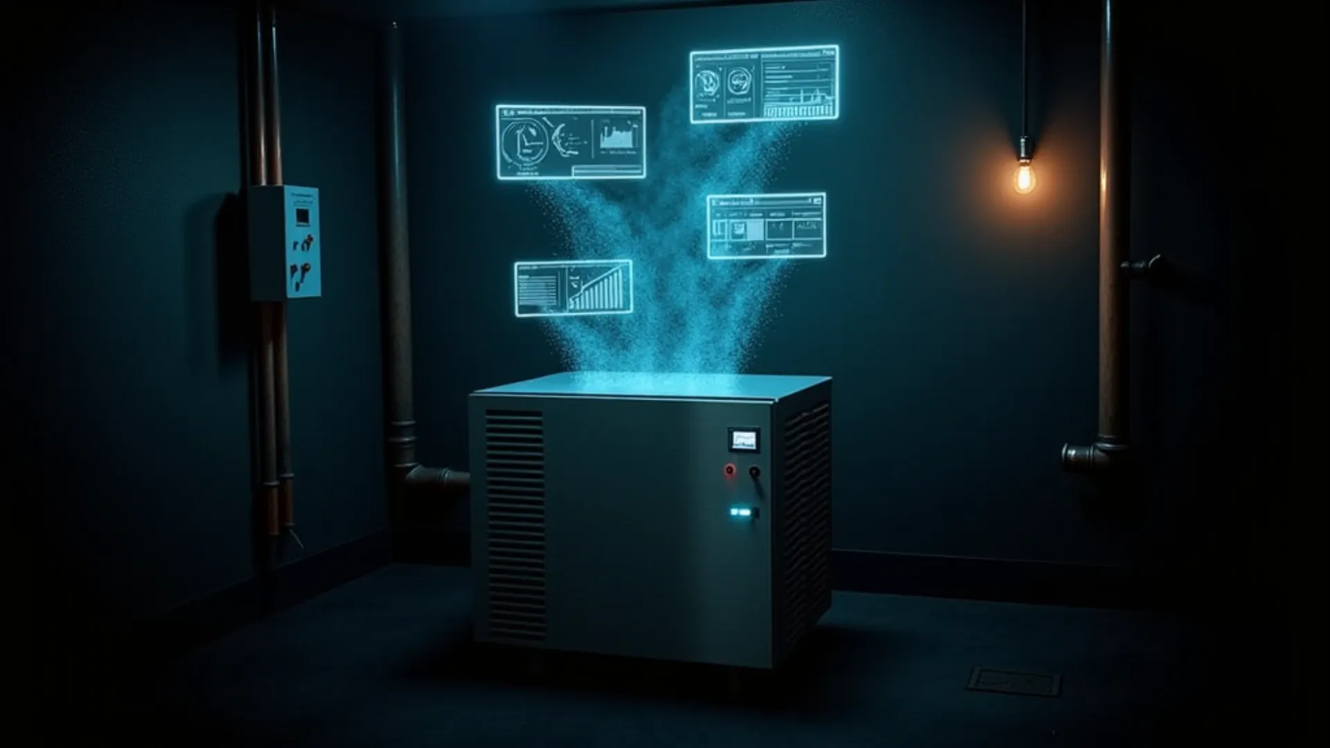Stylized illustration of an industrial gas heat pump in a dim mechanical room with glowing data dashboards rising from it