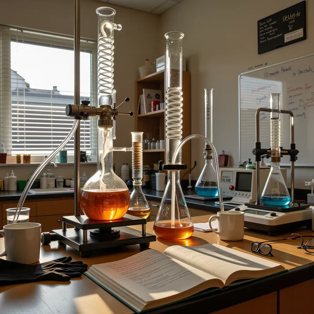 A working organic chemistry lab in the late afternoon, no people present, mid experiment.