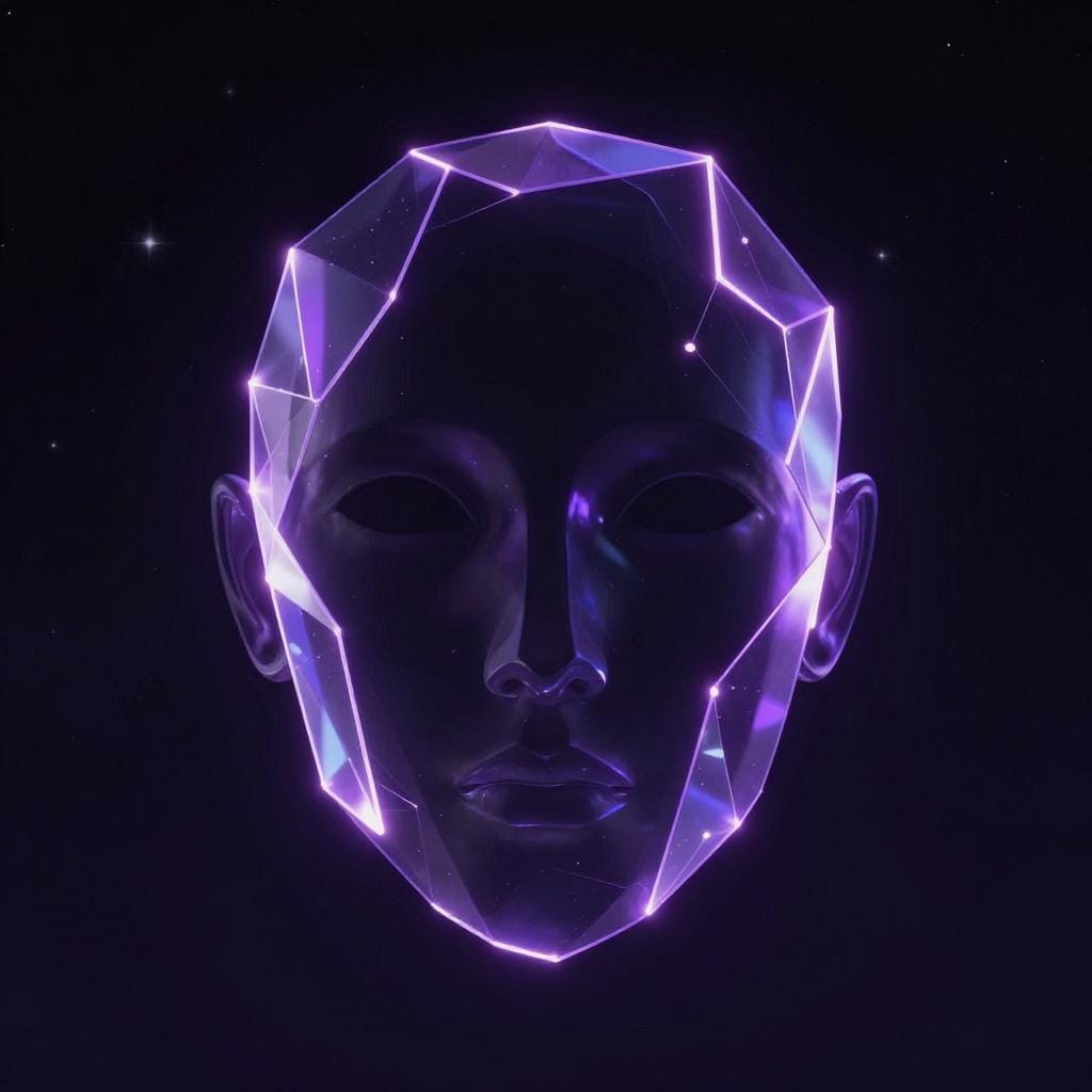 Abstract low-poly crystalline face glowing violet against a black starfield