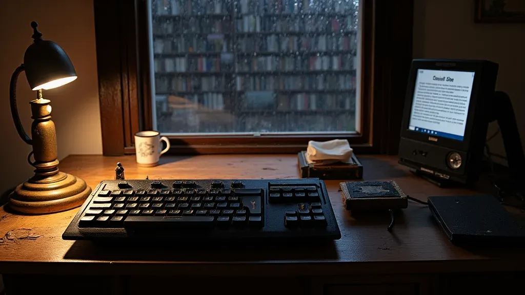 A Raspberry Pi keyboard-computer and a small monitor on a lamplit wooden desk at night