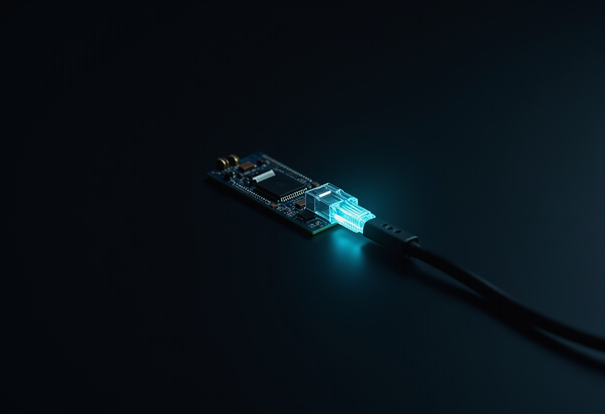 A dark circuit board on a matte black surface with a single ethernet cable entering it, the connector glowing cyan