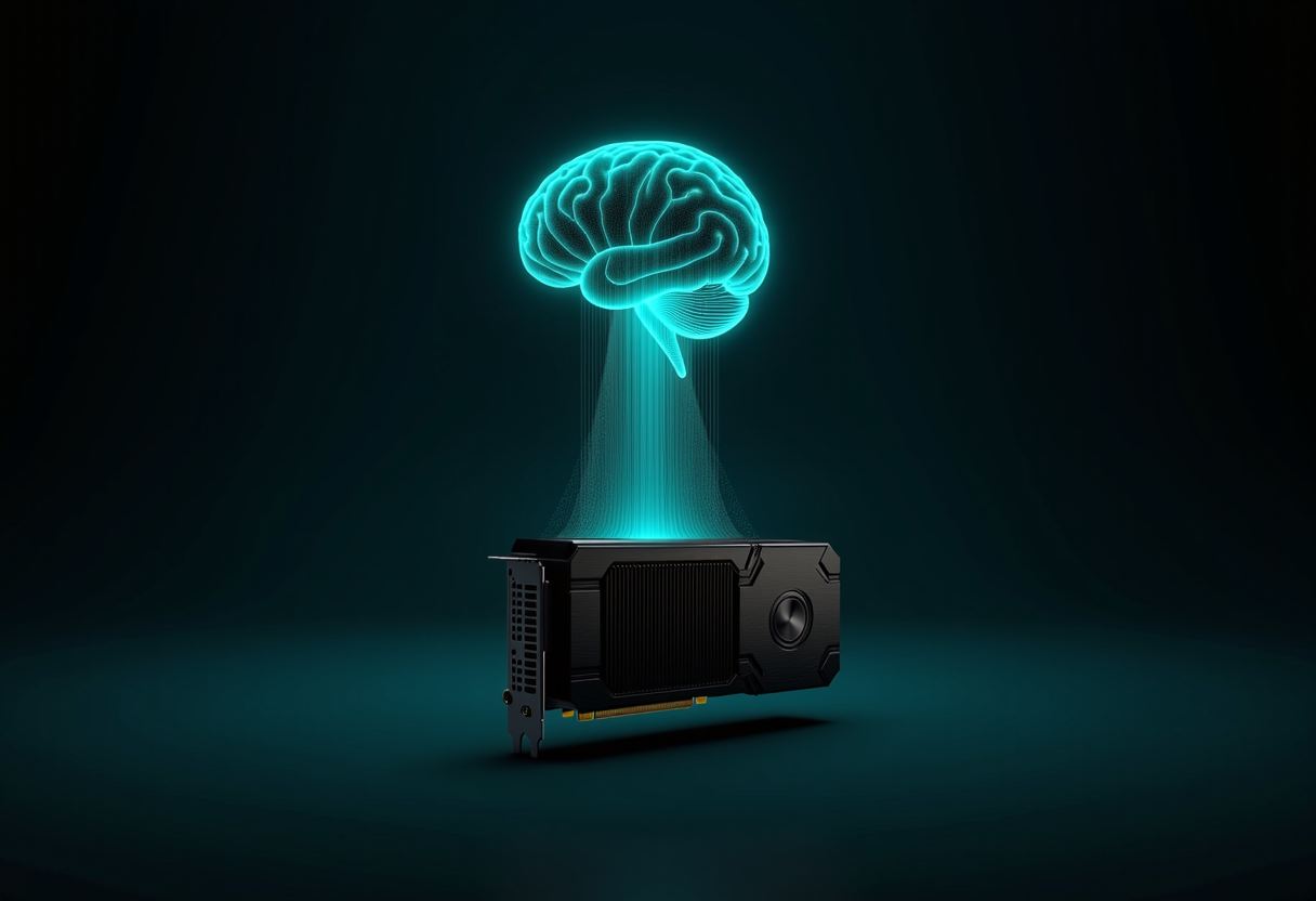 Cyan holographic brain projecting upward from a single graphics card on a dark background
