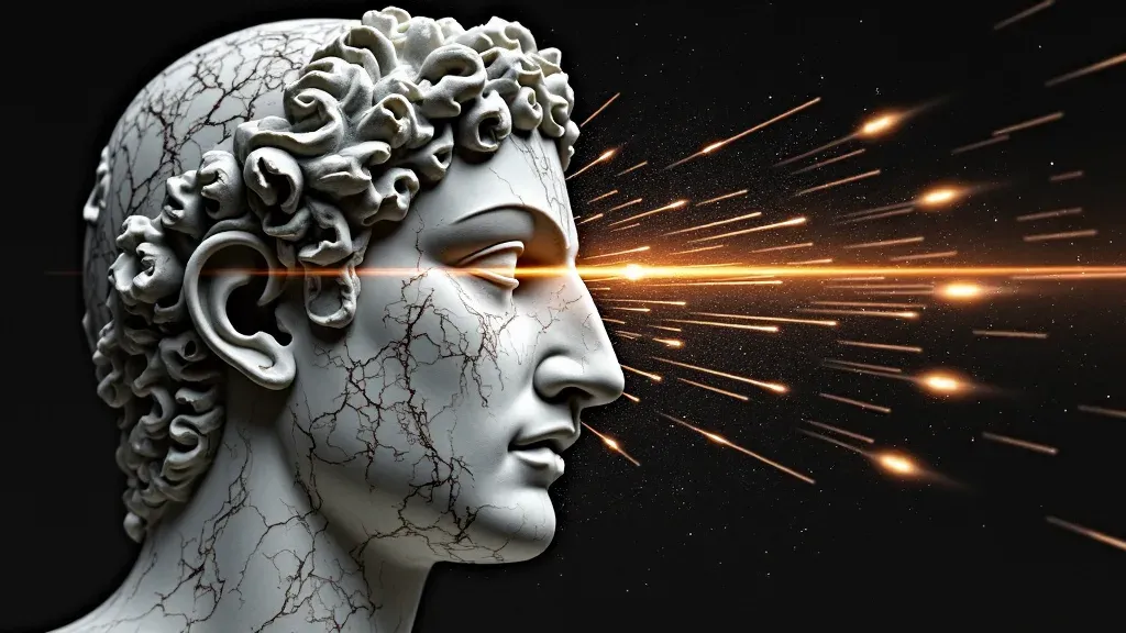 A marble head of Aeolus dissolving into streams of weather data