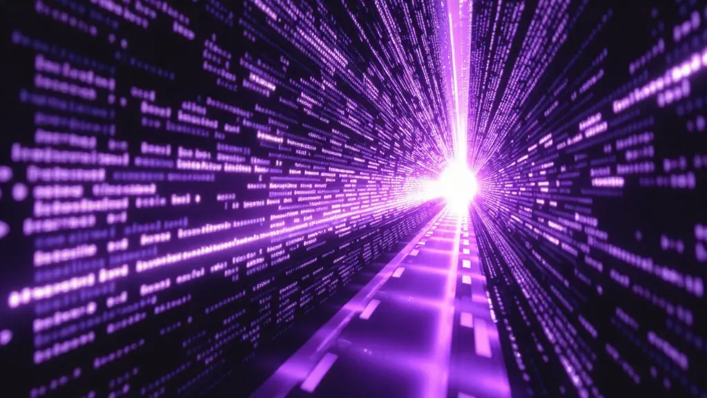 Streams of code converging through a bright gateway.