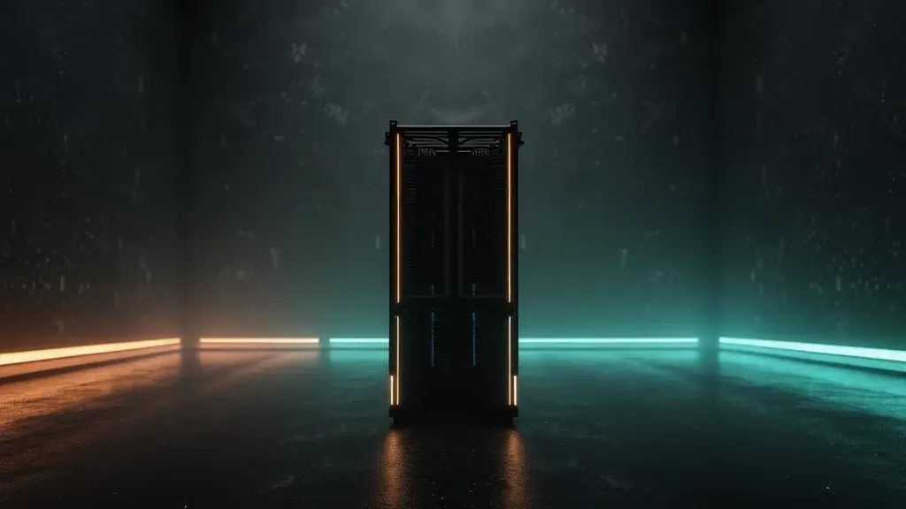 A lone dark server tower glowing amber on one side and teal on the other in an empty machine room