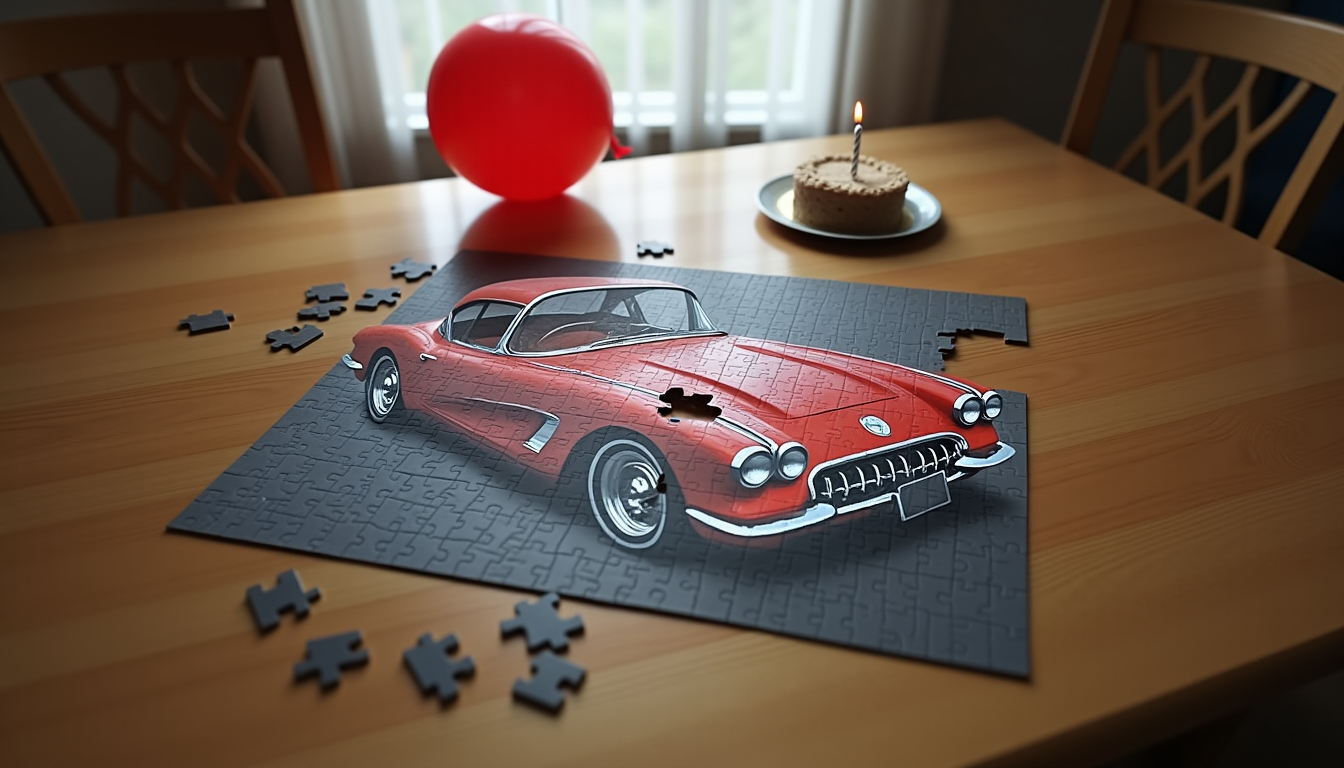 Partly assembled jigsaw puzzle of a red Corvette beside a deflated balloon and a birthday cake with one candle