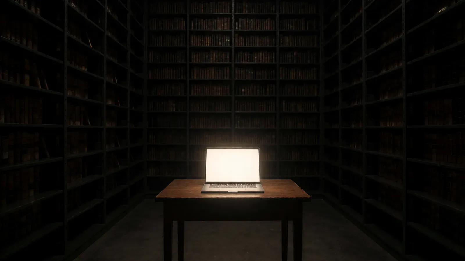 A laptop glowing on a small desk in a dark archive hall lined with towering shelves