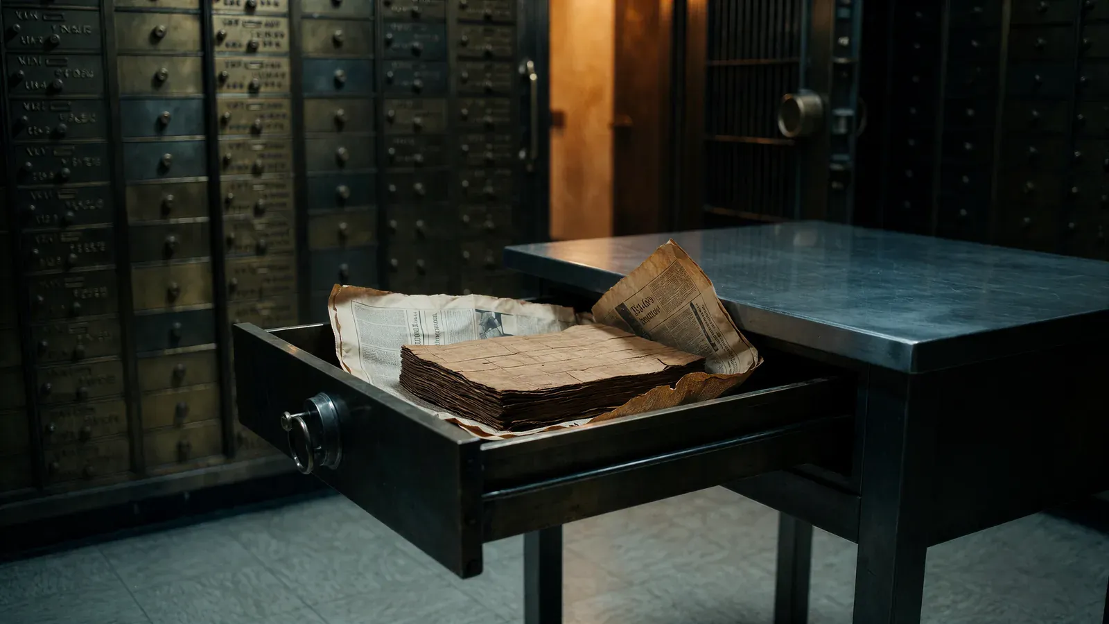 A crumbling papyrus codex wrapped in newspaper inside an open steel safe-deposit drawer in a bank vault