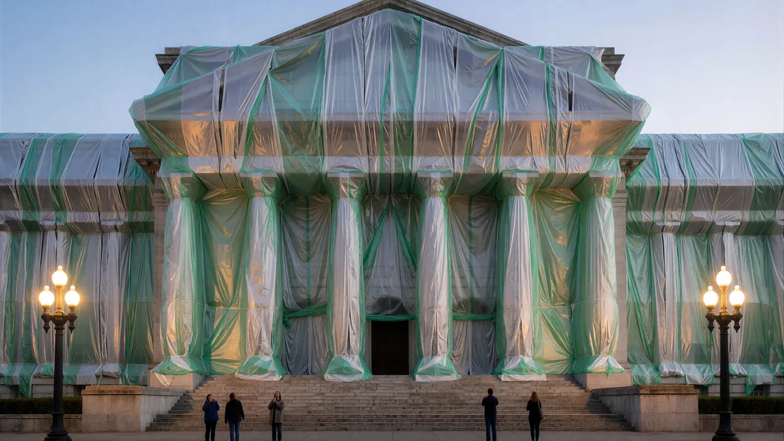 A grand neoclassical library building wrapped head to toe in translucent green plastic sheeting at dusk, with a few onlookers on the sidewalk below