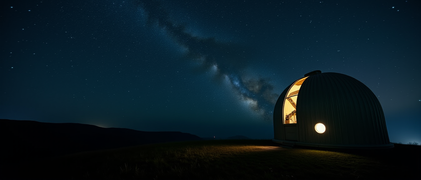 Night photograph of a small observatory dome on a dark hilltop, warm gold light glowing from its open slit as a telescope silhouette points at the Milky Way in a star filled sky