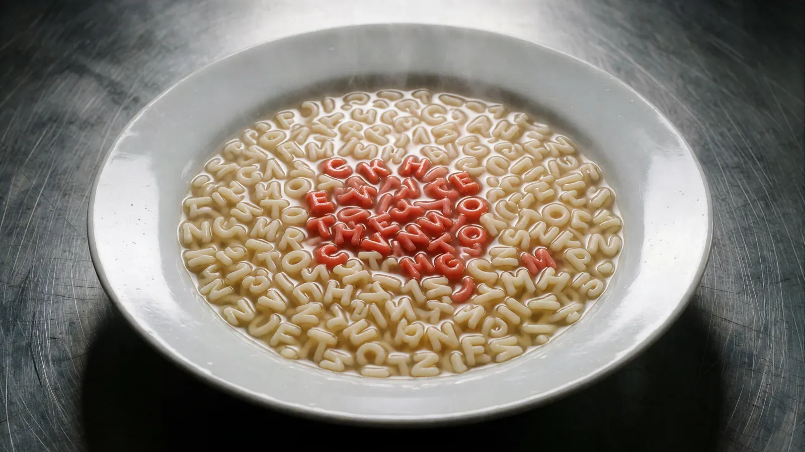 A bowl of alphabet soup with pale letter noodles, a cluster of hot red letters glowing in the middle of the swirl