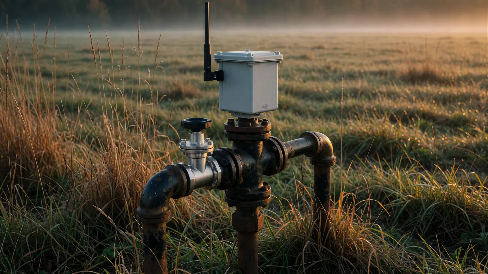 A LoRaWAN sensor node mounted on a gas wellhead at dawn, illustrated in cool early light