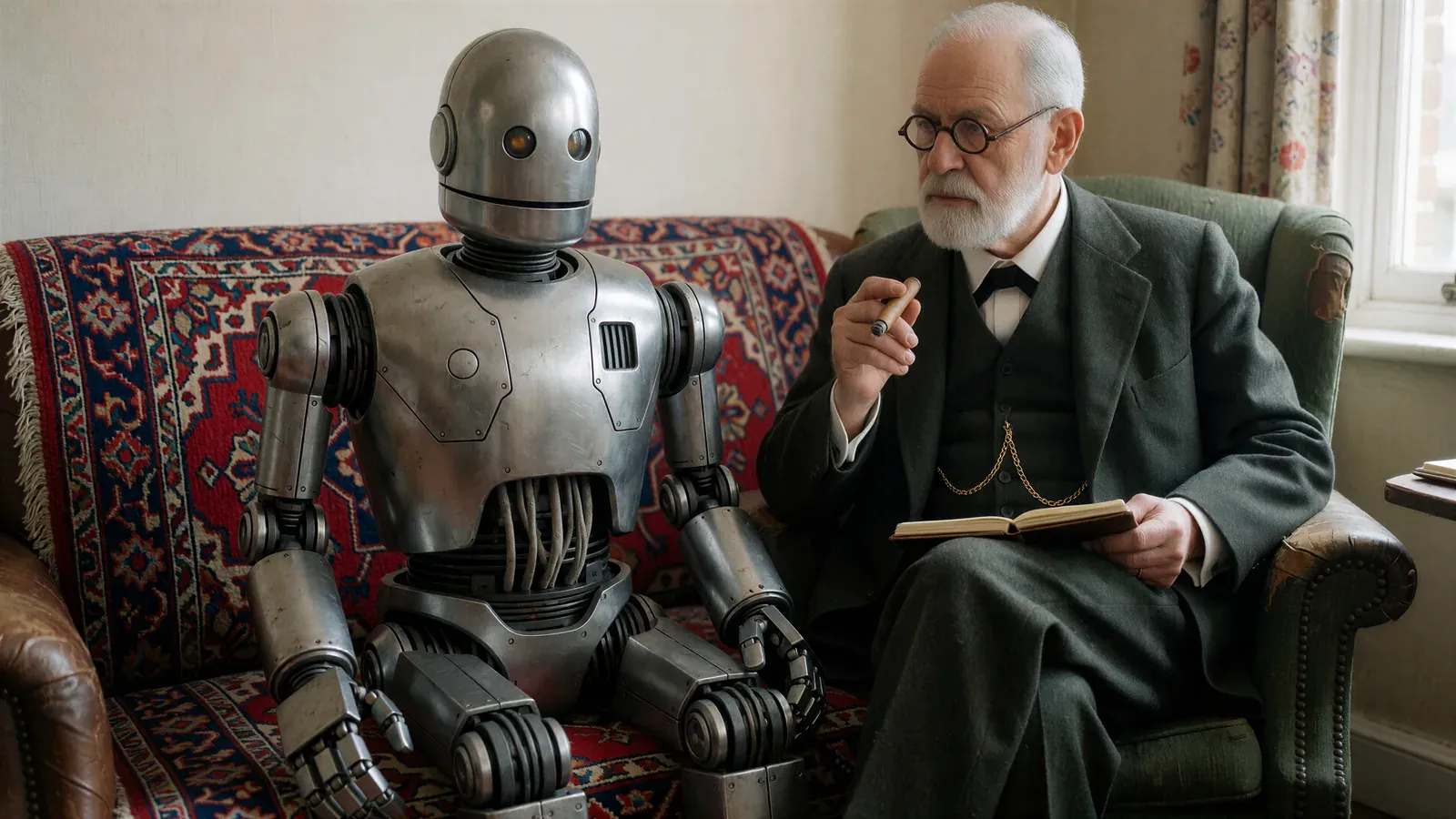 A stooped steel android lying rigid on a Persian-rug-draped couch, Sigmund Freud seated behind it in a green armchair, cigar in hand.