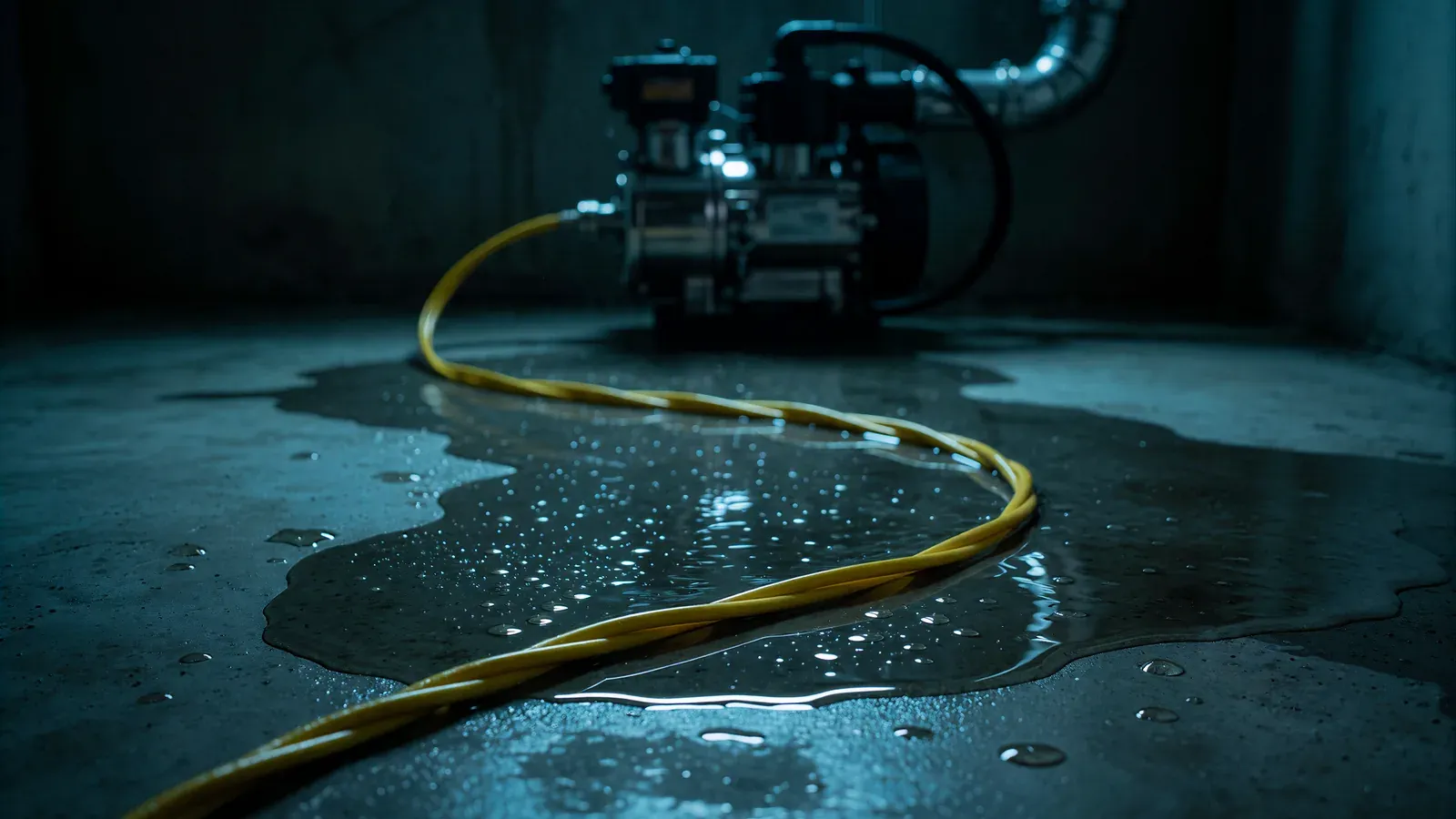 A yellow leak detection cable crossing a puddle on a dark concrete floor in front of a pump, lit in cold blue light