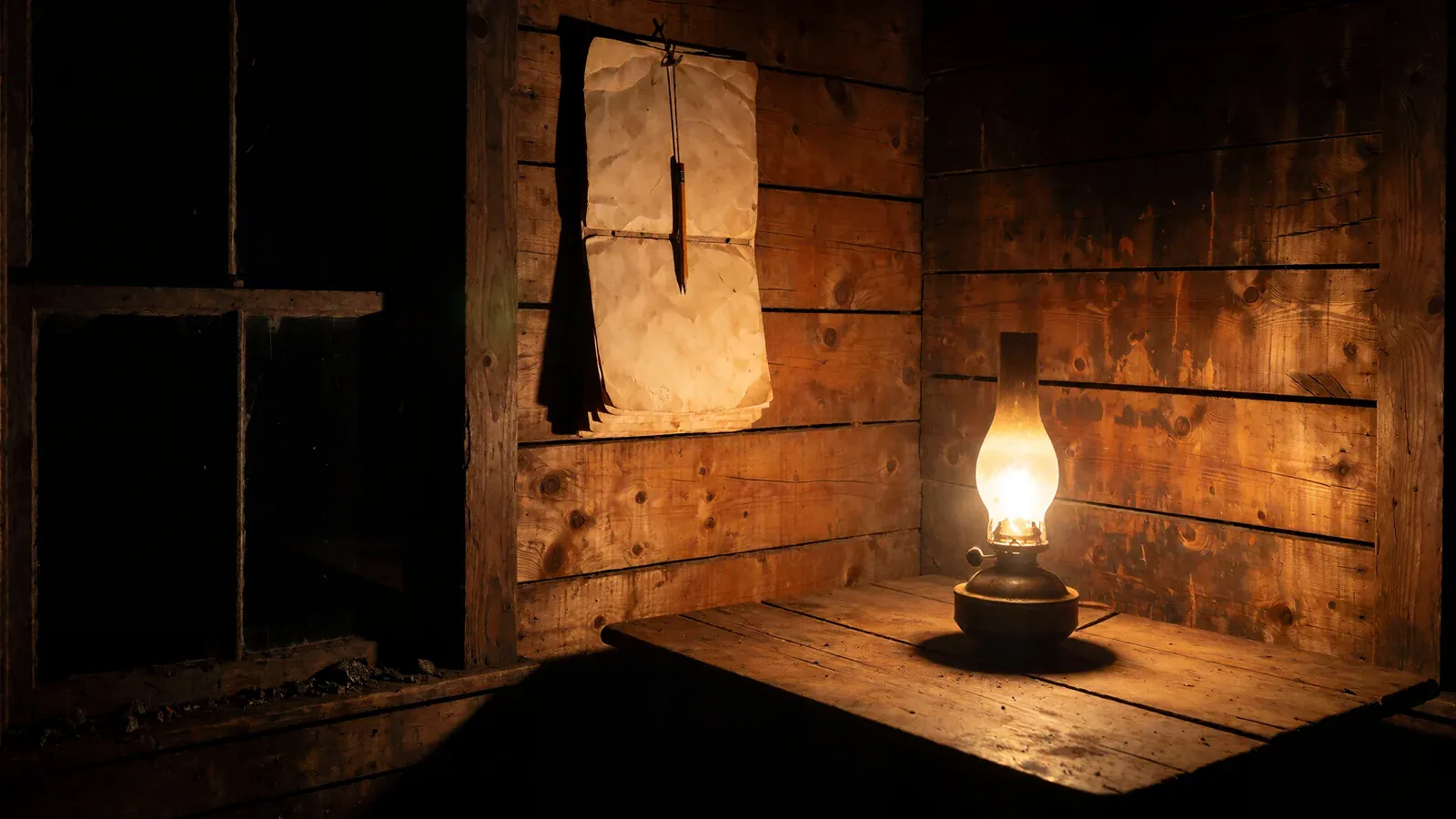 A blank paper calendar with a pencil on a string, hanging on the pine-board wall of a coal camp cabin lit by a kerosene lamp