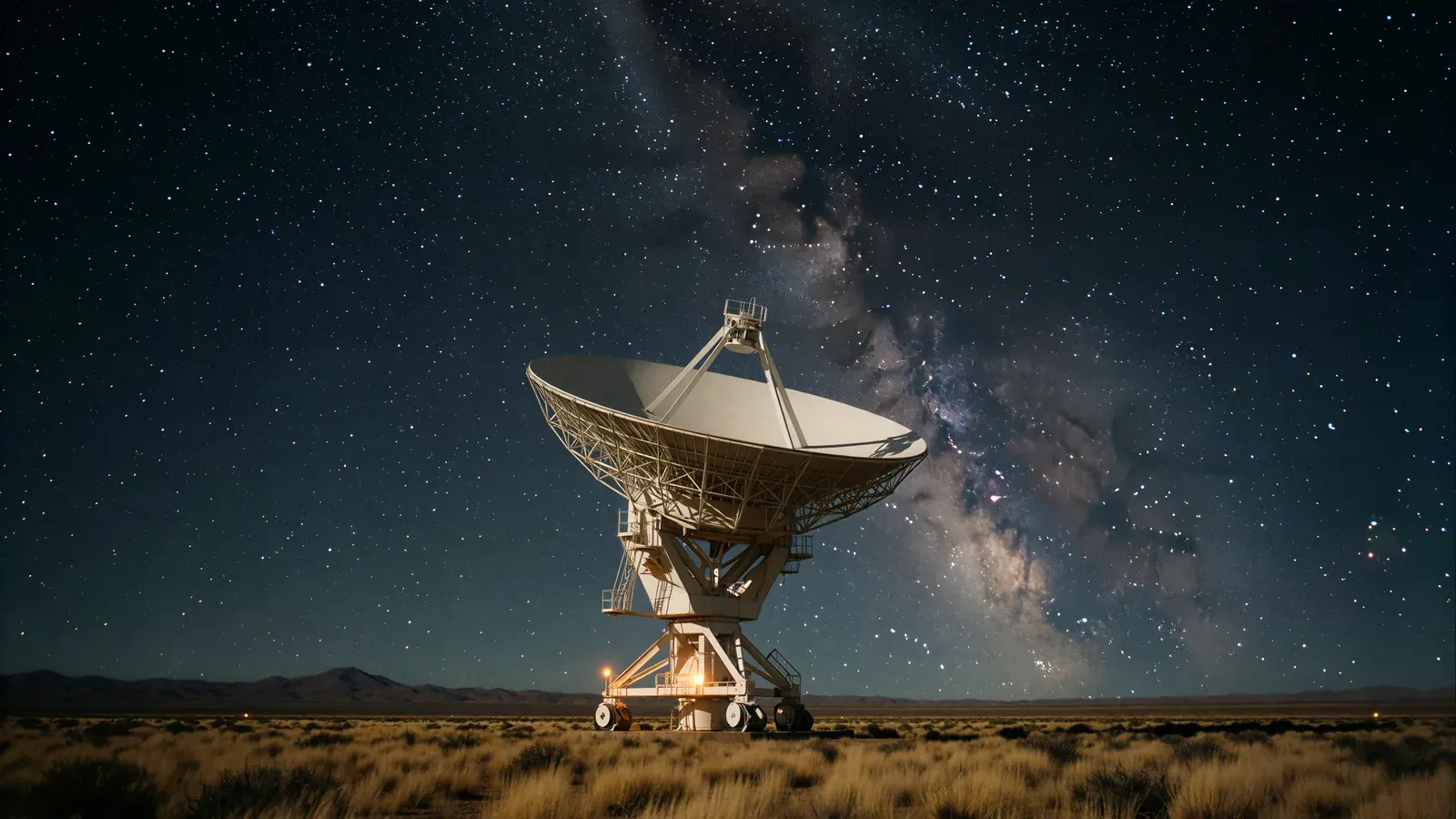 A lone radio telescope dish under the Milky Way on a dark plain, one small amber light at its base