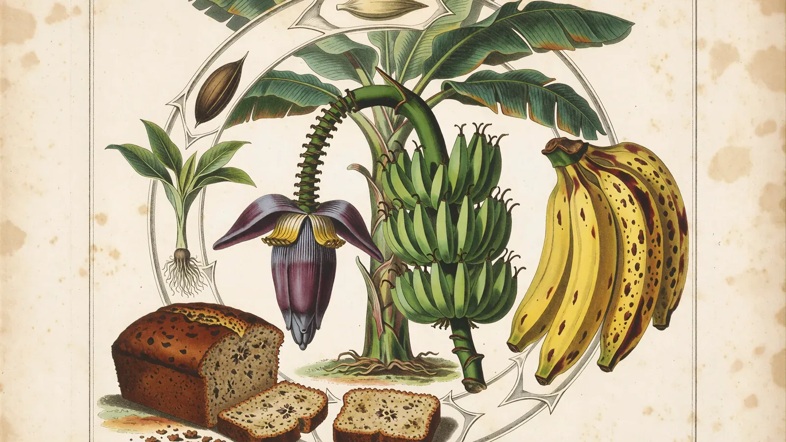 Engraved botanical plate of the banana life cycle, from seedling and flowering plant to ripening bunches and a loaf of banana bread