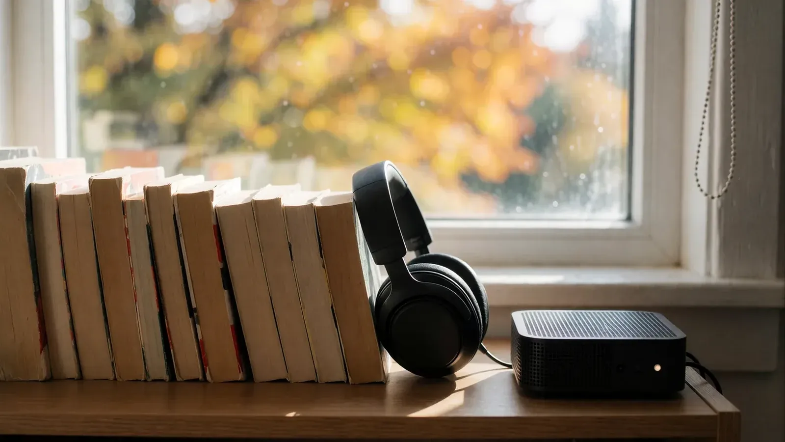 A row of worn paperbacks and over-ear headphones on a sunlit shelf by a window with autumn trees, next to a small mini PC with one status light