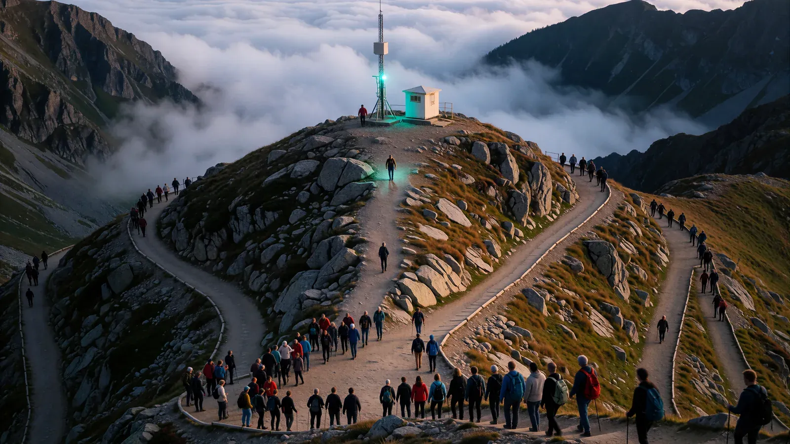 A crowd of hikers on mountain switchbacks thinning at each turn toward one lit hut with a mast at the misty summit
