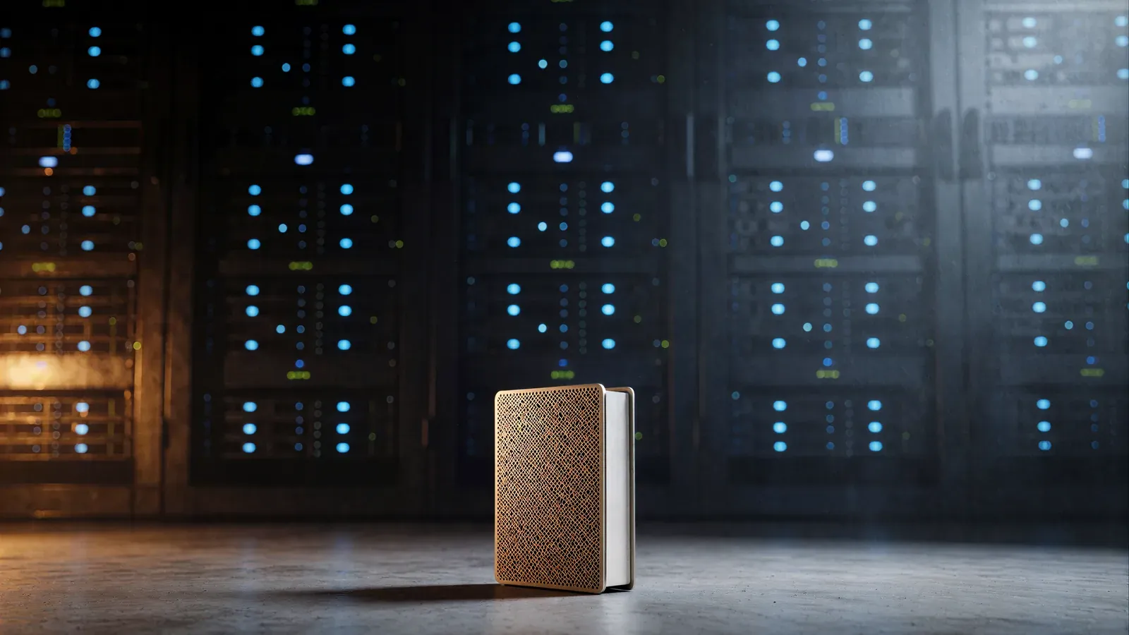 A small gold mesh-fronted mini PC standing on a concrete floor in front of tall data-center racks