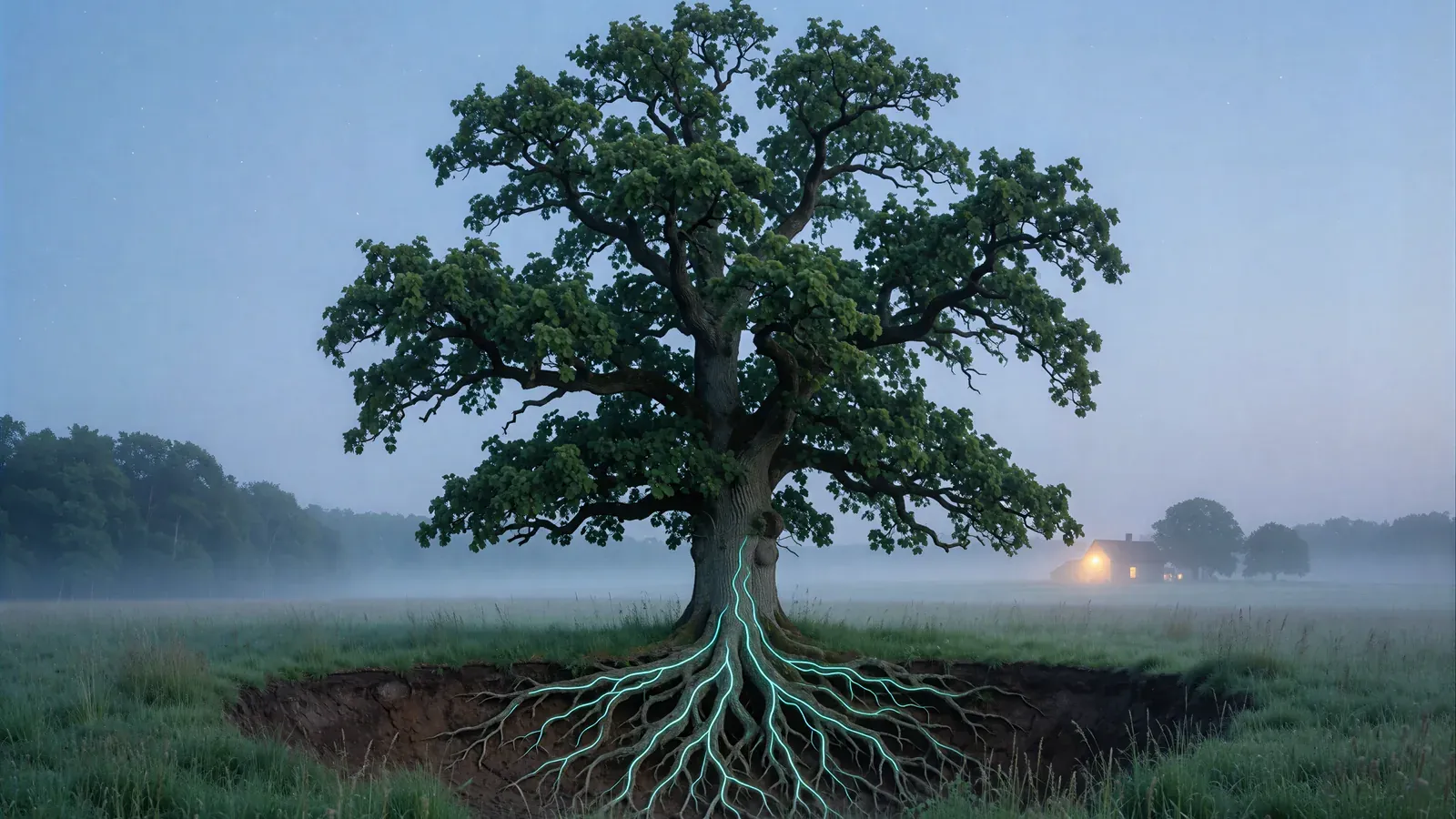 An ancient oak alone in a misty meadow at blue hour, its exposed roots threaded with softly glowing cyan fibers