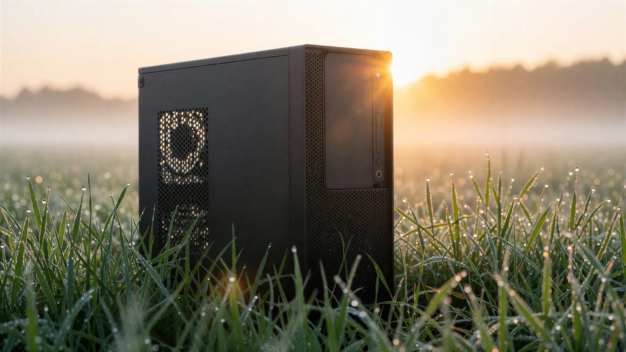 A desktop tower standing upright in dewy grass at dawn