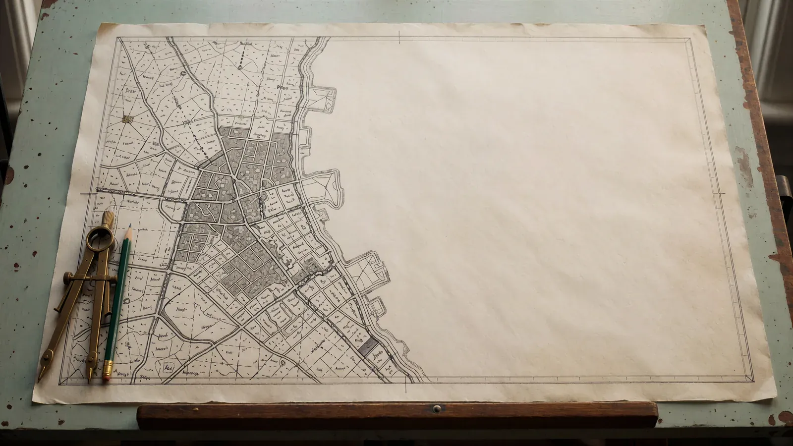 A surveyor table with a large map, only the left third inked, the rest blank paper