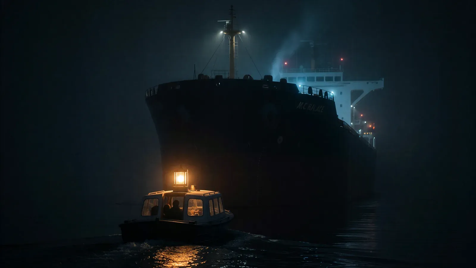A small lantern-lit guide boat leading a huge freighter through thick night fog
