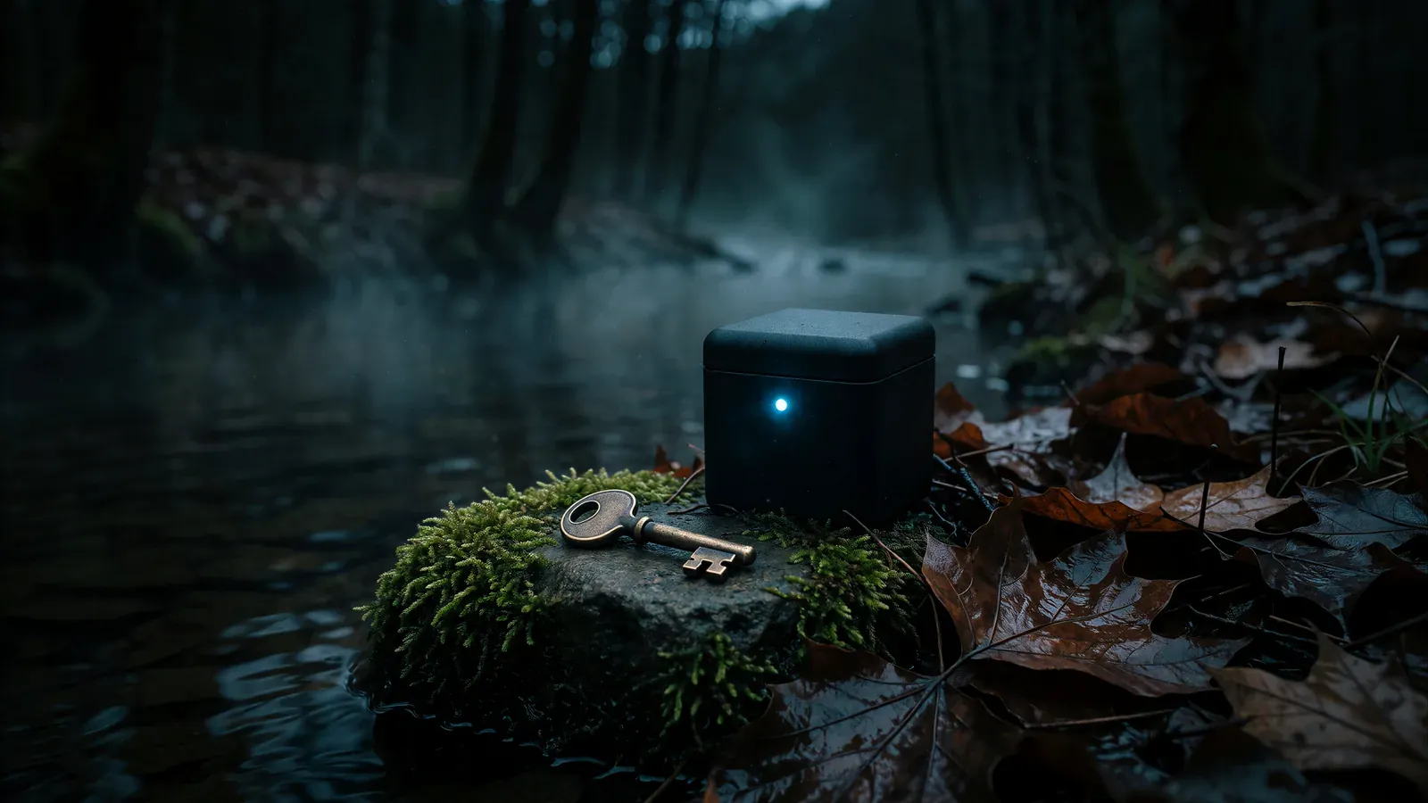 A brass key on a mossy stone beside a stream at dusk, next to a small sealed box with one blue light
