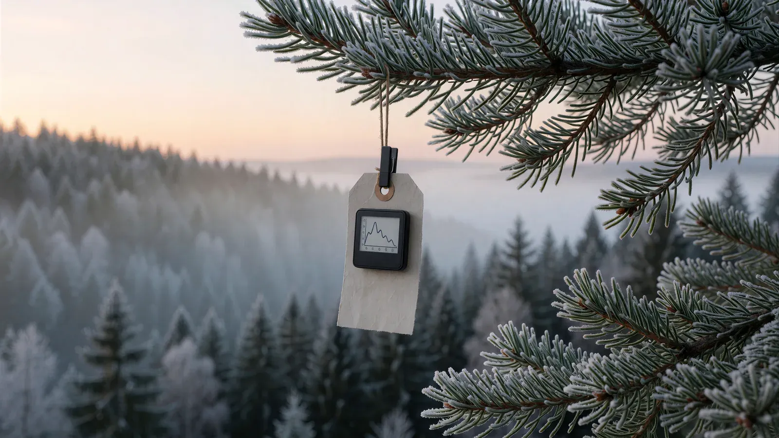 A paper price tag with a small e-ink price graph hanging from a frosted pine branch above a misty forested valley at dawn