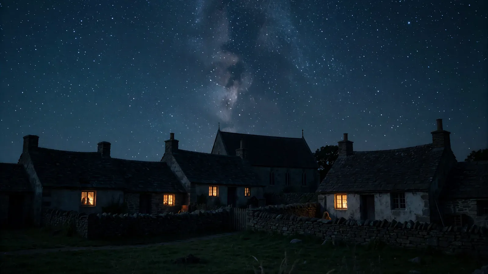A pre-industrial village under a starry sky at night, most windows dark, a few glowing amber where people are awake between sleeps
