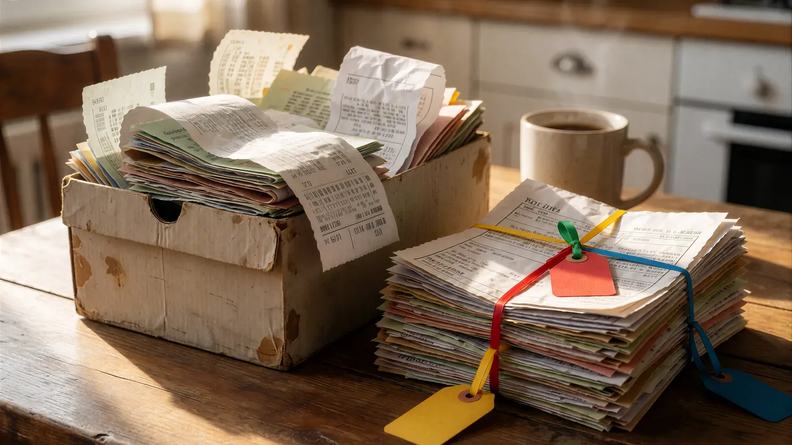 An old shoebox overflowing with crumpled receipts on a wooden kitchen table, beside the same papers flattened, sorted and tied with colored ribbon tags