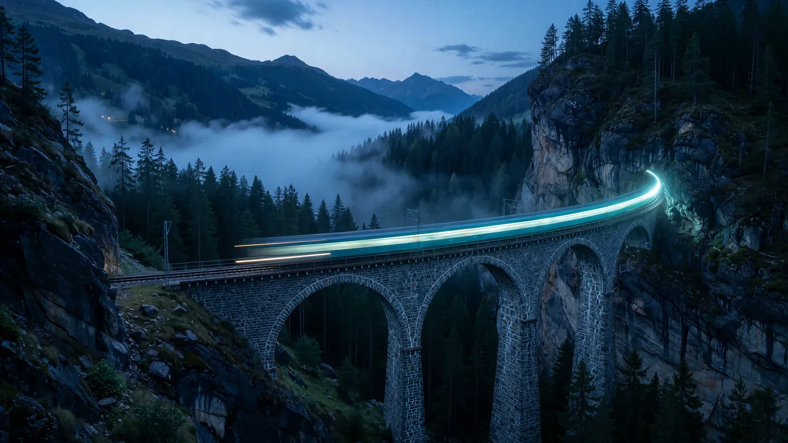 A train as a cyan light streak crossing a stone viaduct over a misty mountain gorge at blue hour